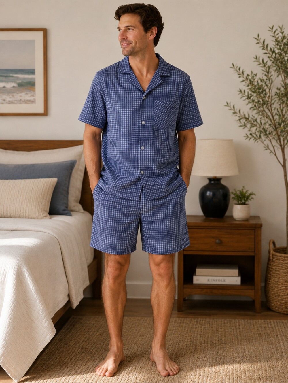 James Fiallo Men's Pajama Set Large 34-36 Waist Blue Plaid